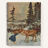 Vintage Reindeer Girl Winter Snow Scene Poster