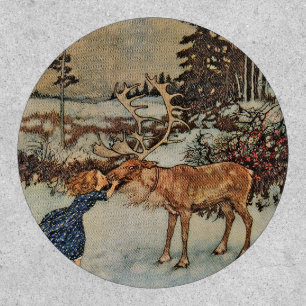 Vintage Reindeer Girl Winter Snow Scene Poster Patch