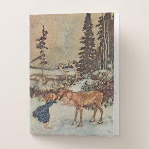 Vintage Reindeer Girl Winter Snow Scene Poster Pocket Folder