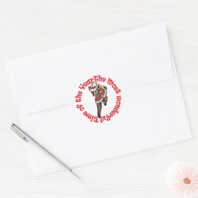 Vintage Reindeer Kids Christmas Classic Round Sticker (Envelope)