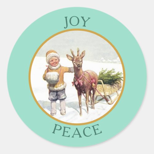 Vintage Reindeer Pulling Sled and Boy Classic Round Sticker