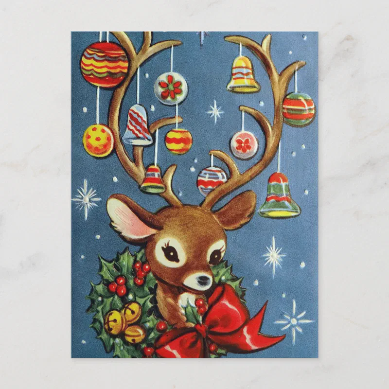 Vintage reindeer retro Holiday Christmas postcard (Front)