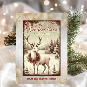 Vintage Reindeer Winter Forest Gold Holiday Card