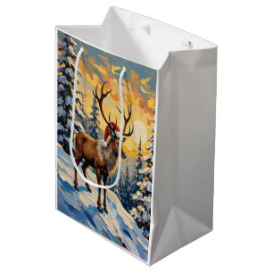 Vintage Reindeer with Santa Hat in Snowy Forest Medium Gift Bag