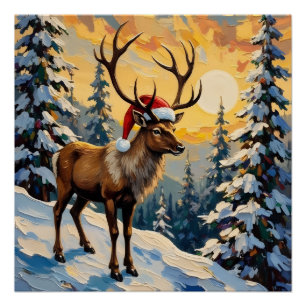 Vintage Reindeer with Santa Hat in Snowy Forest Poster
