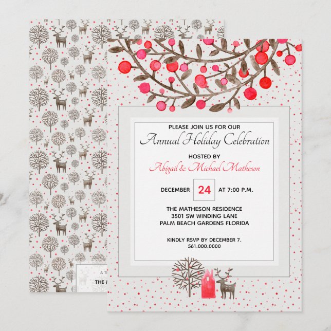 Vintage Reindeer Woodland Holiday Party Invitation (Front/Back)
