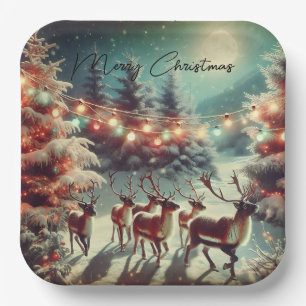 Vintage Reindeers and Christmas Lights Paper Plates
