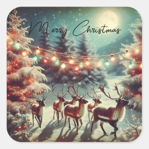 Vintage Reindeers and Christmas Lights   Square Sticker