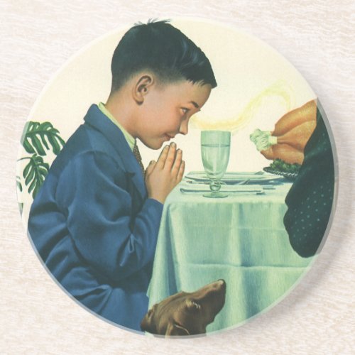 Vintage Religion Boy Saying Grace at Thanksgiving Drink Coaster