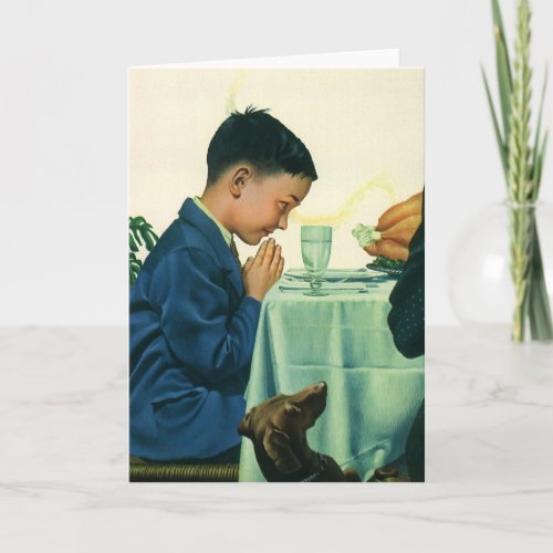 Vintage Religion Boy Saying Grace at Thanksgiving Holiday Card