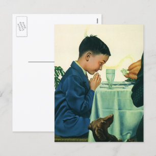 Vintage Religion, Boy Saying Grace at Thanksgiving Holiday Postcard