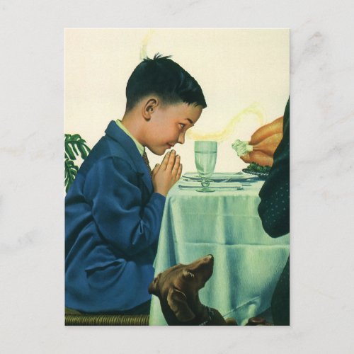 Vintage Religion Boy Saying Grace at Thanksgiving Holiday Postcard