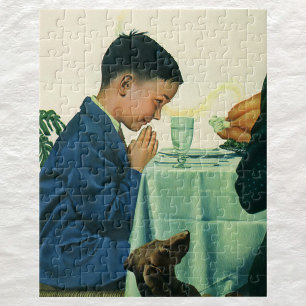 Vintage Religion, Boy Saying Grace at Thanksgiving Jigsaw Puzzle
