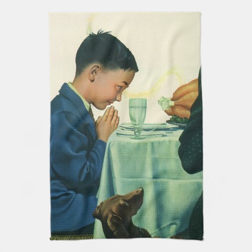 Vintage Religion Boy Saying Grace at Thanksgiving Kitchen Towel