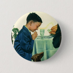 Vintage Religion, Boy Saying Grace at Thanksgiving Pinback Button