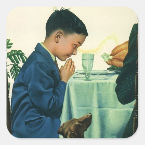 Vintage Religion Boy Saying Grace at Thanksgiving Square Sticker