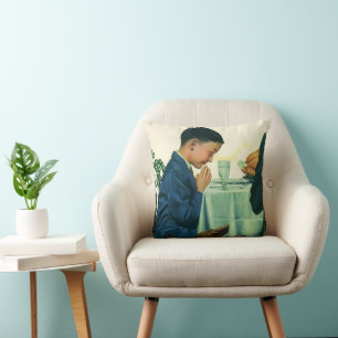 Vintage Religion, Boy Saying Grace at Thanksgiving Throw Pillow