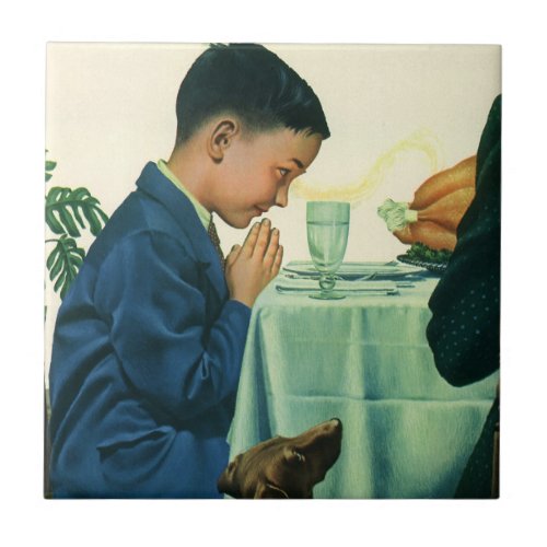 Vintage Religion Boy Saying Grace at Thanksgiving Tile