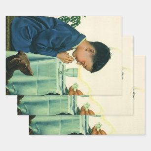 Vintage Religion, Boy Saying Grace at Thanksgiving Wrapping Paper Sheets