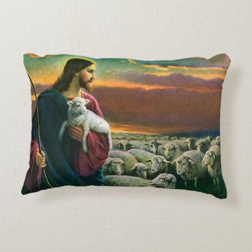 Vintage Religion Christ Good Shepherd with Flock Accent Pillow