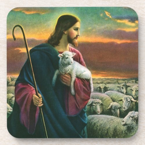 Vintage Religion Christ Good Shepherd with Flock Beverage Coaster
