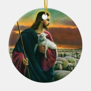 Vintage Religion, Christ Good Shepherd with Flock Ceramic Ornament