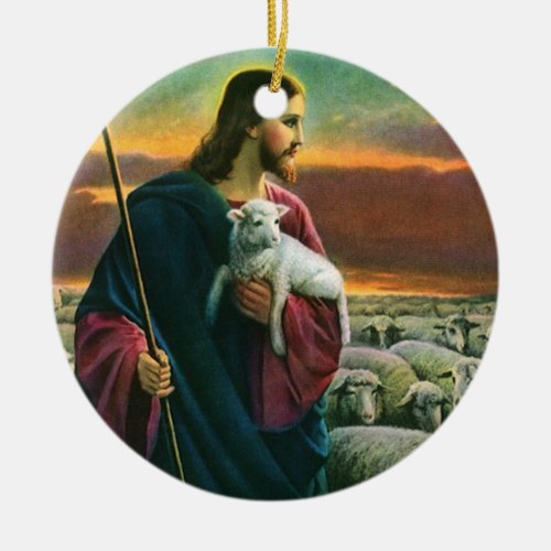 Vintage Religion Christ Good Shepherd with Flock Ceramic Ornament