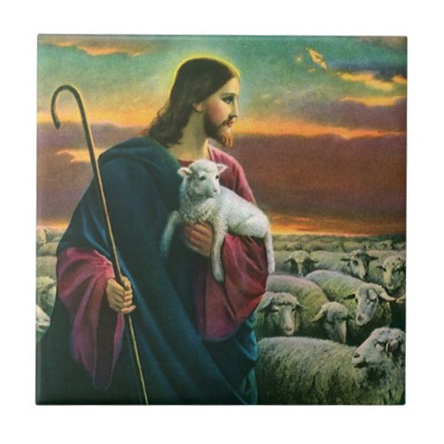 Vintage Religion Christ Good Shepherd with Flock Ceramic Tile
