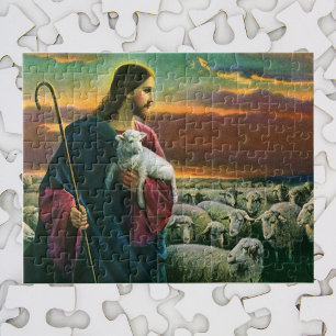 Vintage Religion, Christ Good Shepherd with Flock Jigsaw Puzzle