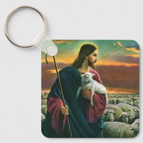 Vintage Religion Christ Good Shepherd with Flock Keychain