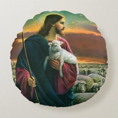 Vintage Religion Christ Good Shepherd with Flock Round Pillow
