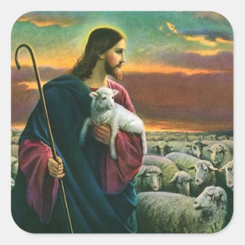 Vintage Religion Christ Good Shepherd with Flock Square Sticker