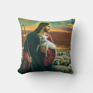 Vintage Religion, Christ Good Shepherd with Flock Throw Pillow