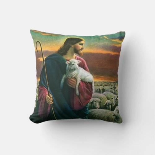 Vintage Religion Christ Good Shepherd with Flock Throw Pillow
