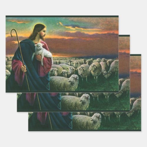 Vintage Religion Christ Good Shepherd with Flock Wrapping Paper Sheets