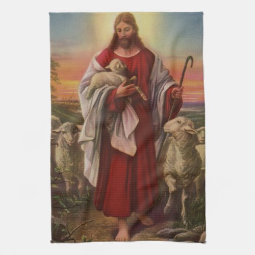 Vintage Religion Christ the Good Shepherd Flock Kitchen Towel