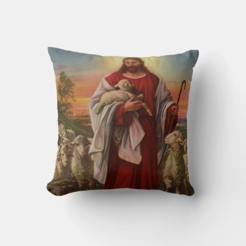 Vintage Religion Christ the Good Shepherd Flock Throw Pillow