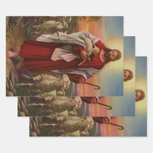 Vintage Religion Christ the Good Shepherd Flock Wrapping Paper Sheets