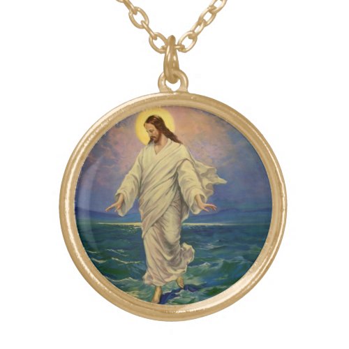 Vintage Religion Jesus Christ is Walking on Water Gold Plated Necklace