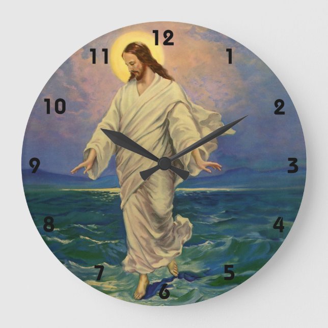 Vintage Religion, Jesus Christ is Walking on Water Large Clock (Front)
