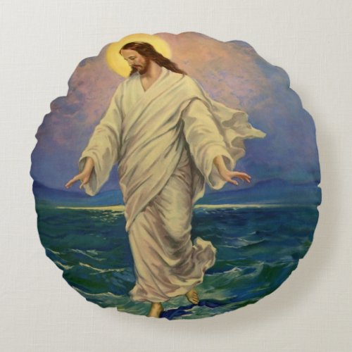Vintage Religion Jesus Christ is Walking on Water Round Pillow