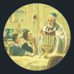 Vintage Religion, Judaism, Lighting the Menorah Classic Round Sticker<br><div class="desc">Vintage illustration religious judaica image featuring a Rabbi lighting the candles on a Menorah during Hanukkah with two children watching.</div>