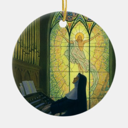 Vintage Religion Nun Playing an Organ in Church Ceramic Ornament