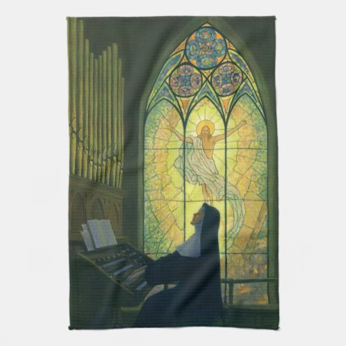 Vintage Religion Nun Playing an Organ in Church Kitchen Towel