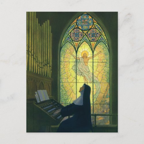 Vintage Religion Nun Playing an Organ in Church Postcard