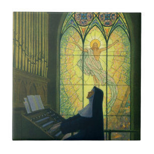 Vintage Religion, Nun Playing an Organ in Church Tile