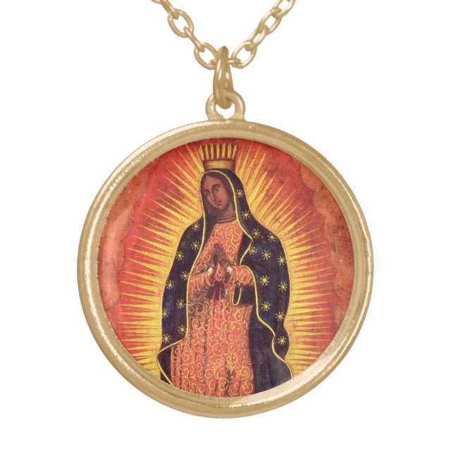 Vintage Religion Virgin Mary Our Lady of Guadalupe Gold Plated Necklace (Front)