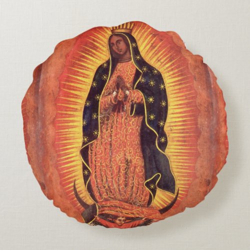 Vintage Religion Virgin Mary Our Lady of Guadalupe Round Pillow