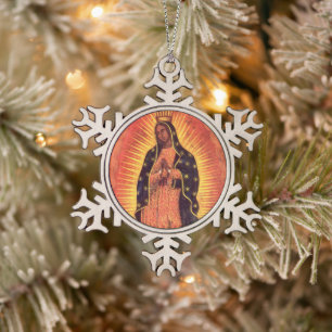 Vintage Religion Virgin Mary Our Lady of Guadalupe Snowflake Pewter Christmas Ornament