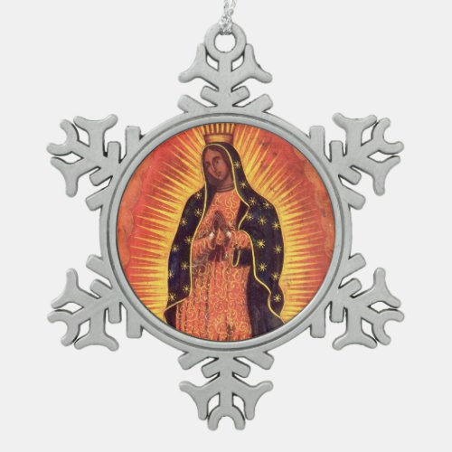 Vintage Religion Virgin Mary Our Lady of Guadalupe Snowflake Pewter Christmas Ornament